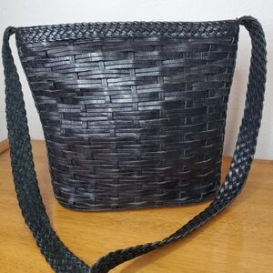 VTG Franco Sarto Woven Leather Purse Black Hang Bag Cross Body